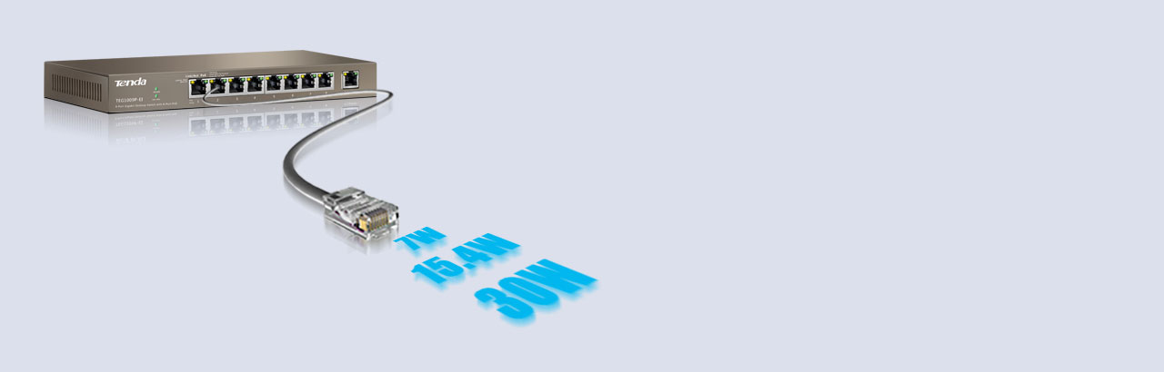  Front view of the Tenda TEG1009P-EI Switch, angled slightly to the left. An Ethernet cable connecting to Port 2, and following the other end of this cable are some texts reading as “7W”, “15.4W” and “30W” 